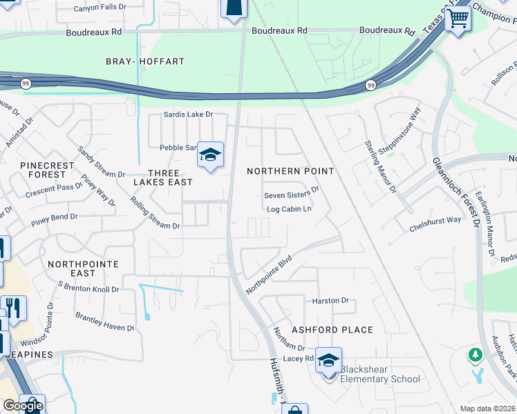 map of restaurants, bars, coffee shops, grocery stores, and more near 19423 Rippling Brook Lane in Tomball