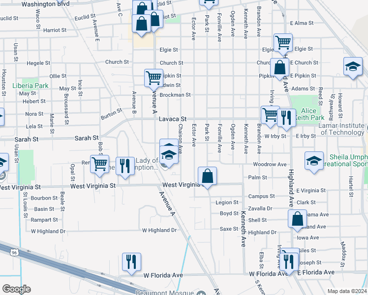 map of restaurants, bars, coffee shops, grocery stores, and more near 4345 Chaison Avenue in Beaumont