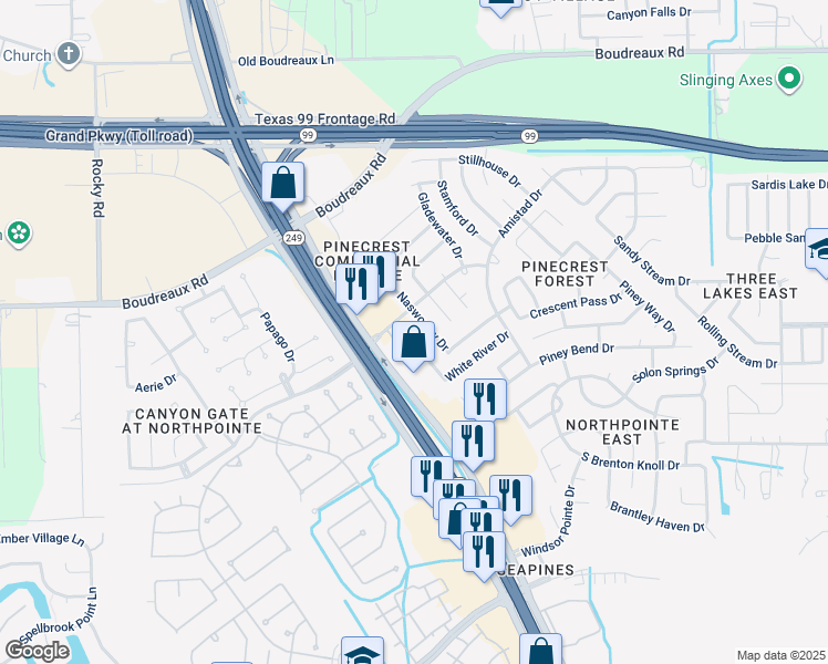 map of restaurants, bars, coffee shops, grocery stores, and more near 19318 Twin Buttes Drive in Tomball
