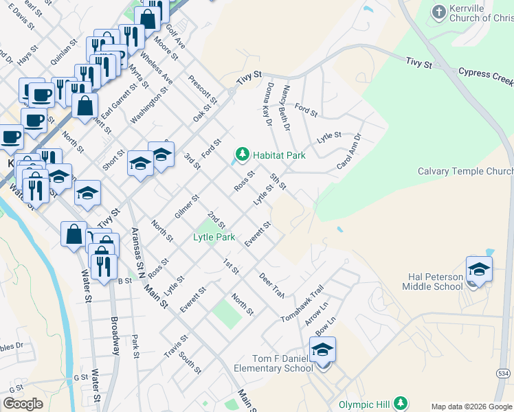 map of restaurants, bars, coffee shops, grocery stores, and more near 821 Lytle Street in Kerrville