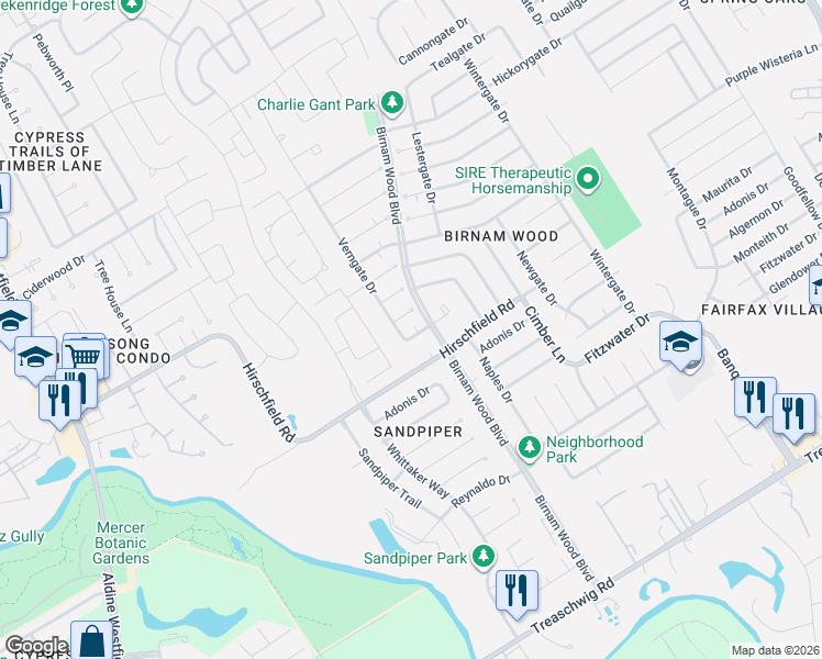 map of restaurants, bars, coffee shops, grocery stores, and more near 4207 Tylergate Drive in Spring