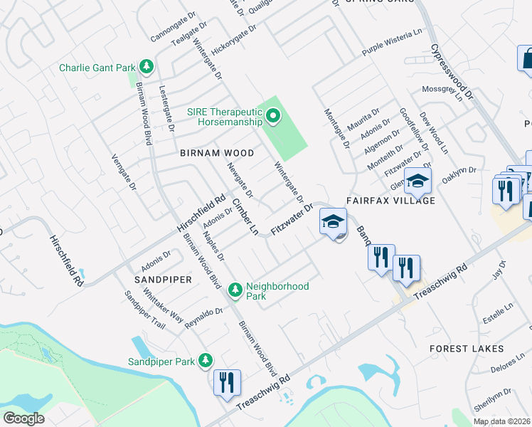 map of restaurants, bars, coffee shops, grocery stores, and more near 4503 Monteith Drive in Spring