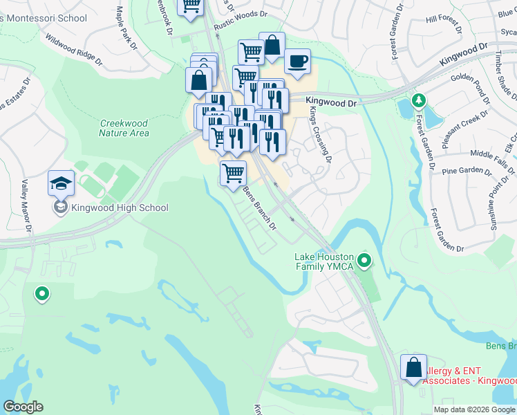 map of restaurants, bars, coffee shops, grocery stores, and more near Bens Branch Drive in Humble