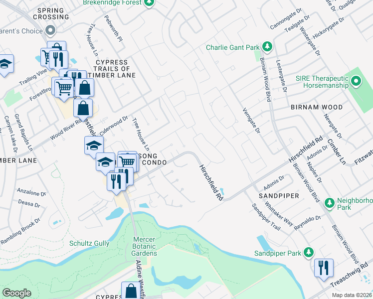map of restaurants, bars, coffee shops, grocery stores, and more near 22603 Pebworth Place in Spring