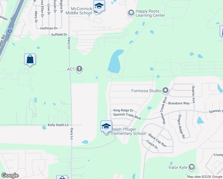 map of restaurants, bars, coffee shops, grocery stores, and more near 117 Wapiti Road in Buda