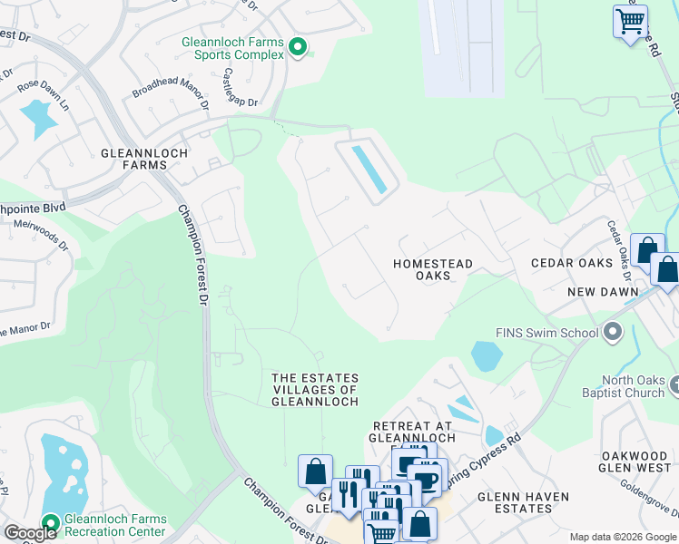 map of restaurants, bars, coffee shops, grocery stores, and more near 7 Lillington Manor Court in Spring