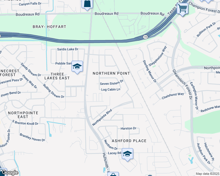 map of restaurants, bars, coffee shops, grocery stores, and more near 11342 Log Cabin Lane in Tomball