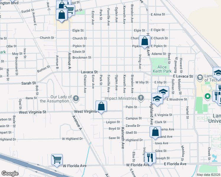 map of restaurants, bars, coffee shops, grocery stores, and more near 4330 Fonville Avenue in Beaumont