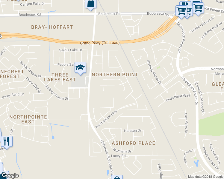 map of restaurants, bars, coffee shops, grocery stores, and more near 11402 Log Cabin Lane in Tomball