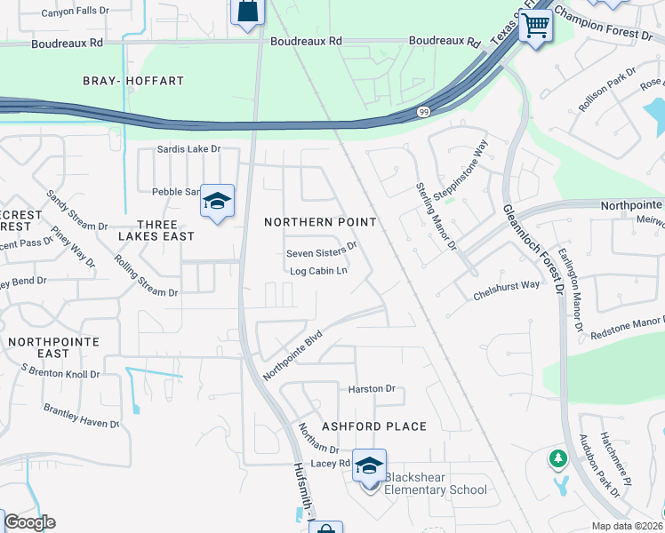 map of restaurants, bars, coffee shops, grocery stores, and more near 11318 Log Cabin Lane in Tomball