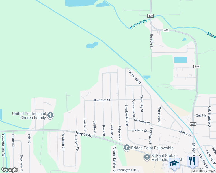map of restaurants, bars, coffee shops, grocery stores, and more near 210 Rose Street in Bridge City