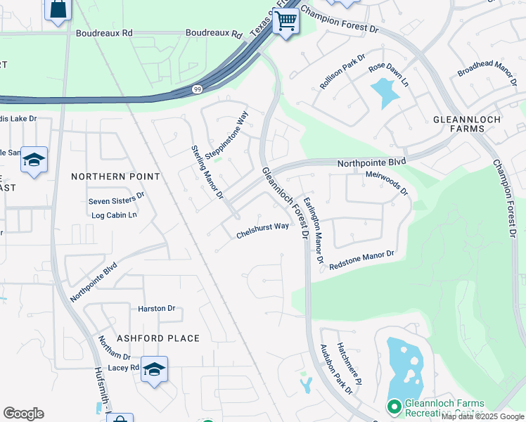 map of restaurants, bars, coffee shops, grocery stores, and more near 10318 Cadena Court in Spring