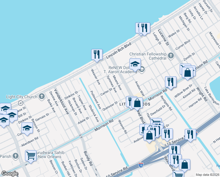 map of restaurants, bars, coffee shops, grocery stores, and more near 7540 Symmes Avenue in New Orleans