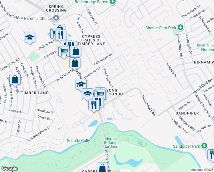map of restaurants, bars, coffee shops, grocery stores, and more near 2929 Hirschfield Road in Spring