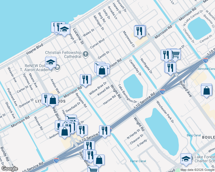 map of restaurants, bars, coffee shops, grocery stores, and more near 11030 Kinneil Road in New Orleans