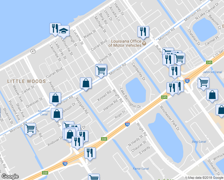 map of restaurants, bars, coffee shops, grocery stores, and more near 11030 Kinneil Road in New Orleans