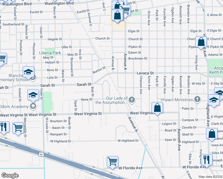 map of restaurants, bars, coffee shops, grocery stores, and more near 4325 Flamingo Lane in Beaumont