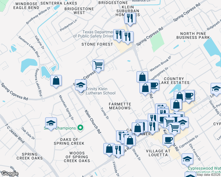 map of restaurants, bars, coffee shops, grocery stores, and more near 18910 Carrot Street in Spring