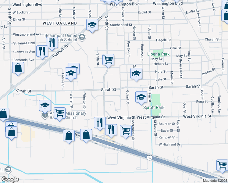 map of restaurants, bars, coffee shops, grocery stores, and more near 2875 Sarah Street in Beaumont