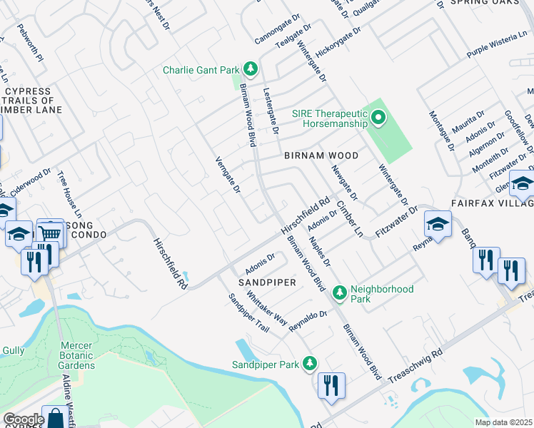 map of restaurants, bars, coffee shops, grocery stores, and more near 4215 Tylergate Drive in Spring