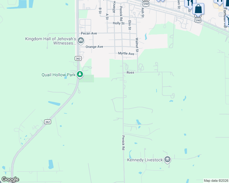 map of restaurants, bars, coffee shops, grocery stores, and more near 18622 Penick Road in Waller