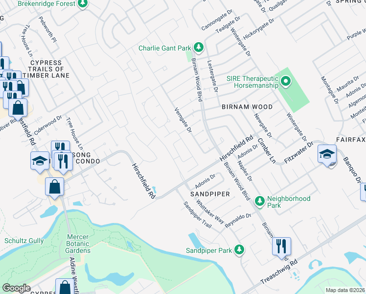 map of restaurants, bars, coffee shops, grocery stores, and more near 23423 Verngate Drive in Spring