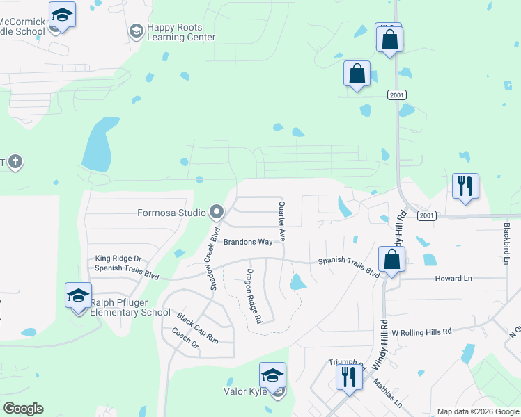 map of restaurants, bars, coffee shops, grocery stores, and more near 213 Black Forest Road in Buda