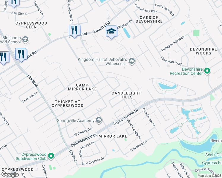map of restaurants, bars, coffee shops, grocery stores, and more near 3403 Candleridge Drive in Spring