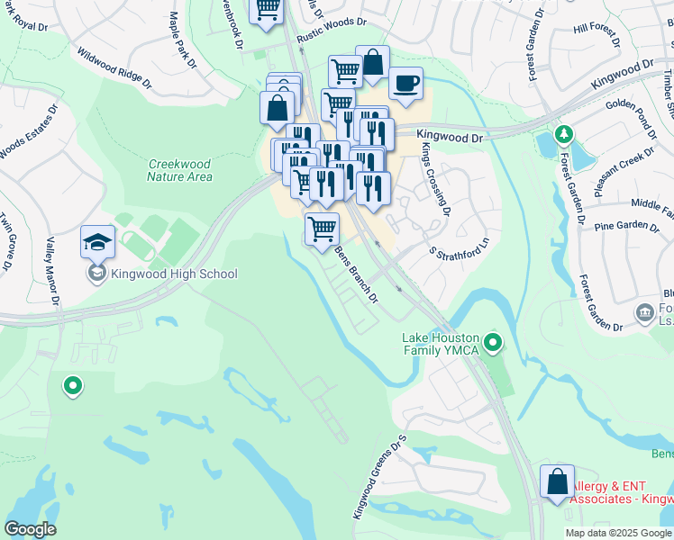 map of restaurants, bars, coffee shops, grocery stores, and more near 2727 Bens Branch Drive in Houston