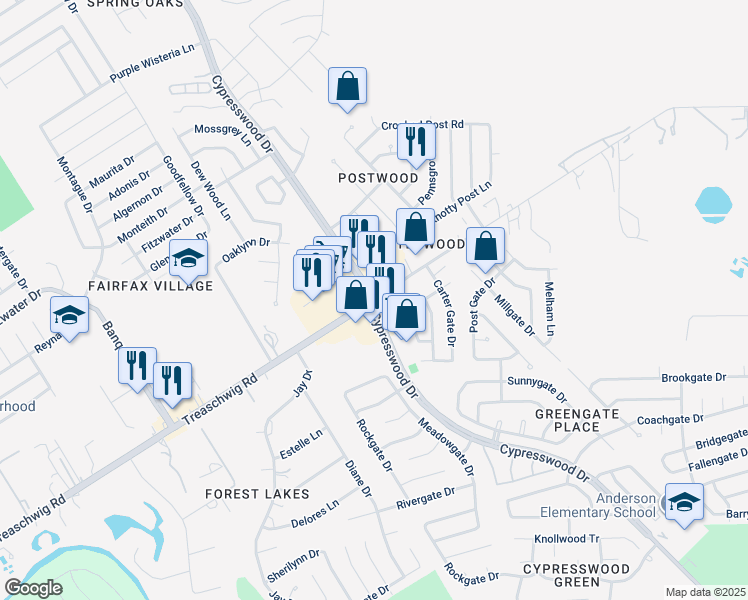 map of restaurants, bars, coffee shops, grocery stores, and more near Cypresswood Dr & Treaschwig Rd in Spring