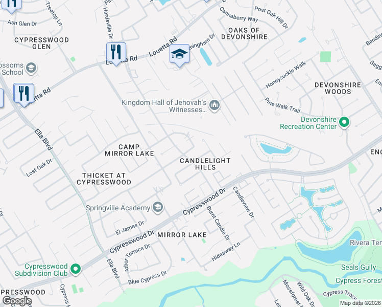 map of restaurants, bars, coffee shops, grocery stores, and more near 3403 Candleridge Drive in Spring