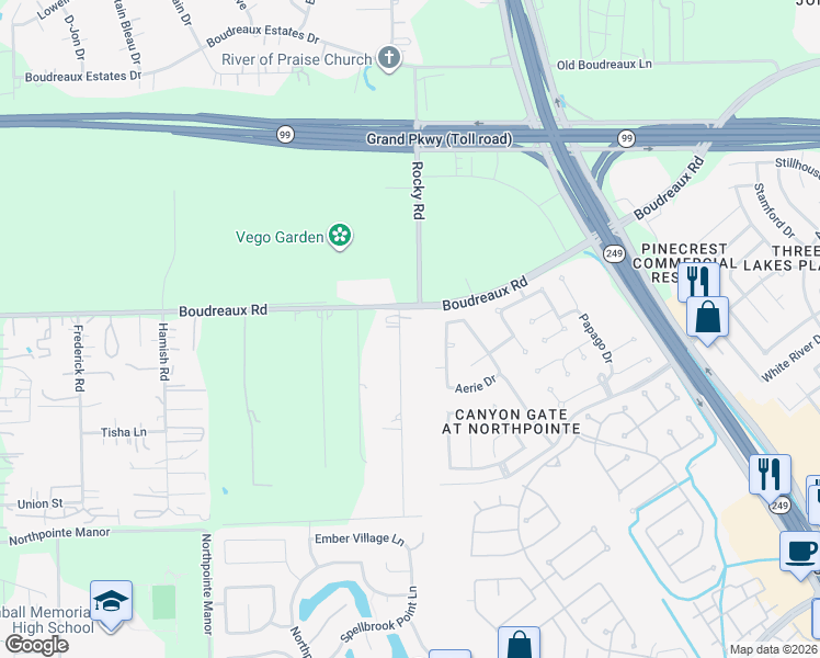 map of restaurants, bars, coffee shops, grocery stores, and more near 19006 Berry Hill Road in Tomball
