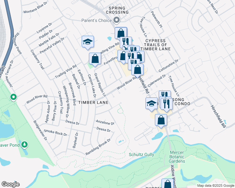 map of restaurants, bars, coffee shops, grocery stores, and more near 23106 Lone Wolf Trail in Spring