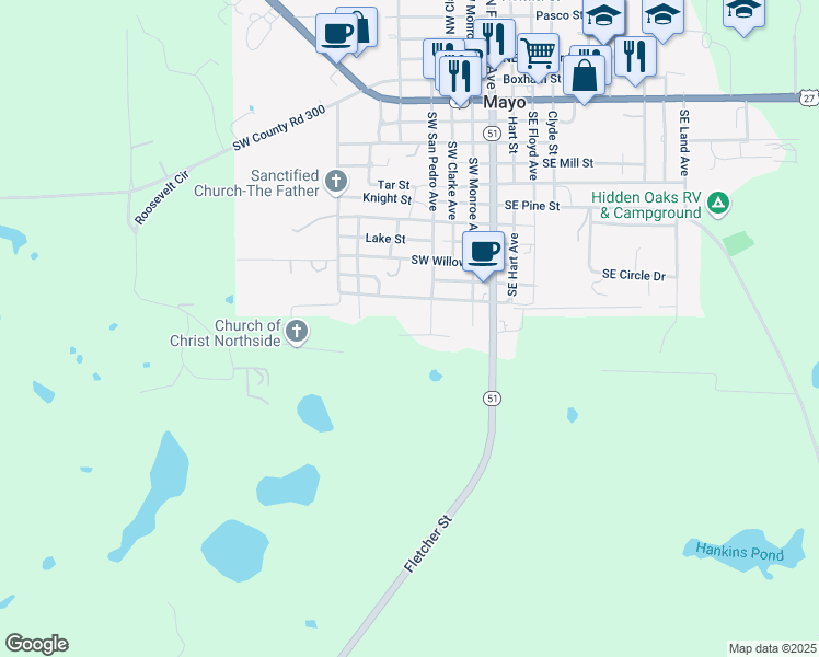 map of restaurants, bars, coffee shops, grocery stores, and more near 206 Southwest San Pedro Avenue in Mayo