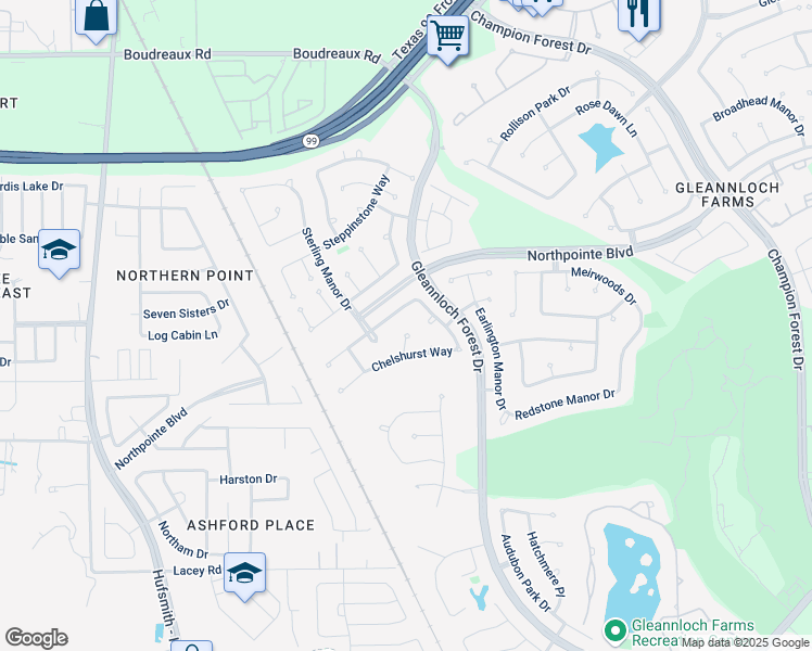 map of restaurants, bars, coffee shops, grocery stores, and more near 10318 Cadena Court in Spring