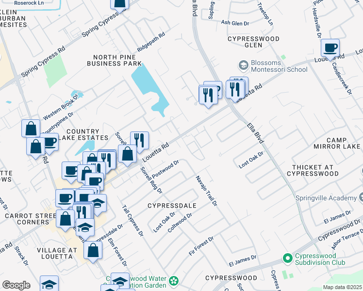 map of restaurants, bars, coffee shops, grocery stores, and more near 4209 Louetta Road in Spring