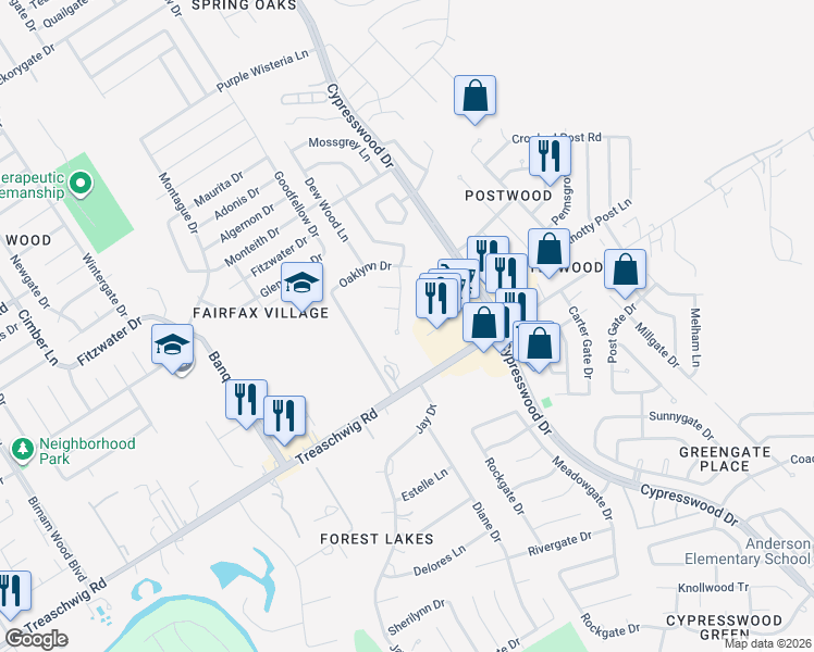 map of restaurants, bars, coffee shops, grocery stores, and more near 22902 Laketree Lane in Spring