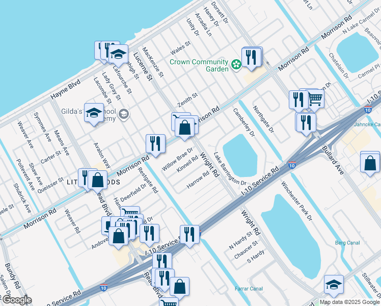 map of restaurants, bars, coffee shops, grocery stores, and more near 11030 Kinneil Road in New Orleans