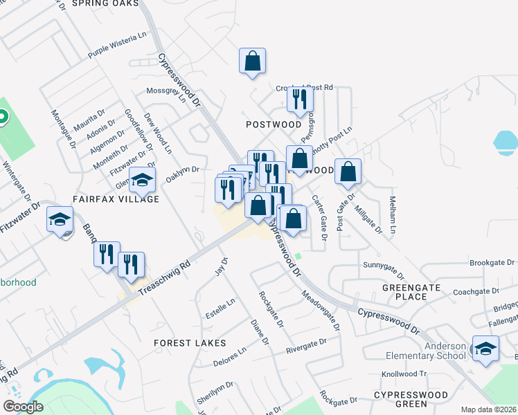 map of restaurants, bars, coffee shops, grocery stores, and more near 22811 Cypresswood Drive in Spring