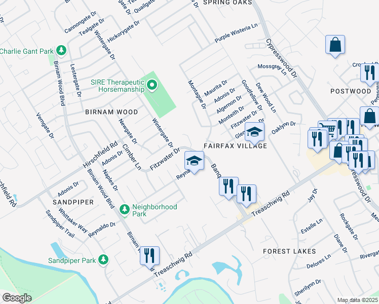 map of restaurants, bars, coffee shops, grocery stores, and more near 23119 Banquo Drive in Spring