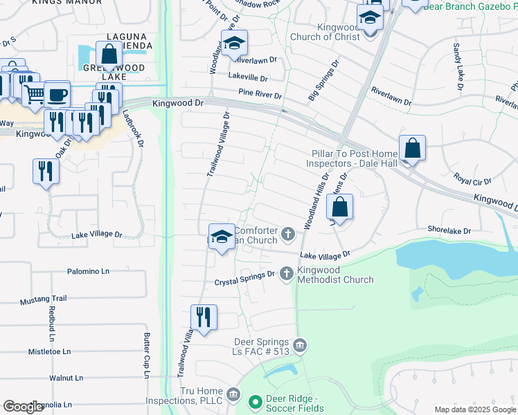 map of restaurants, bars, coffee shops, grocery stores, and more near 2103 Hickory Creek Drive in Humble