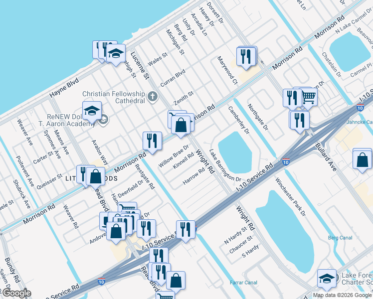 map of restaurants, bars, coffee shops, grocery stores, and more near 11030 Kinneil Road in New Orleans