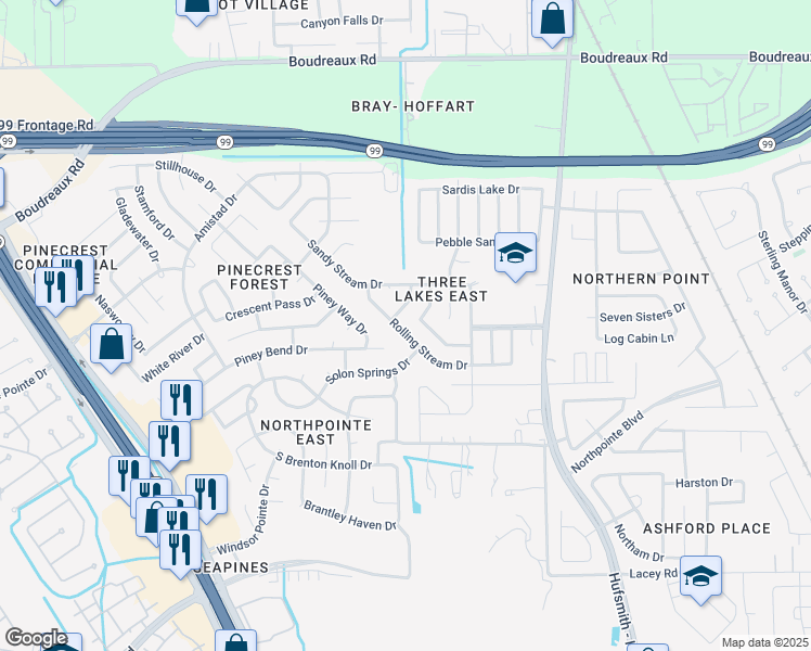 map of restaurants, bars, coffee shops, grocery stores, and more near 11830 Rolling Stream Drive in Tomball