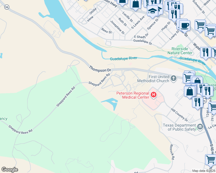 map of restaurants, bars, coffee shops, grocery stores, and more near Colorado St S in Kerrville