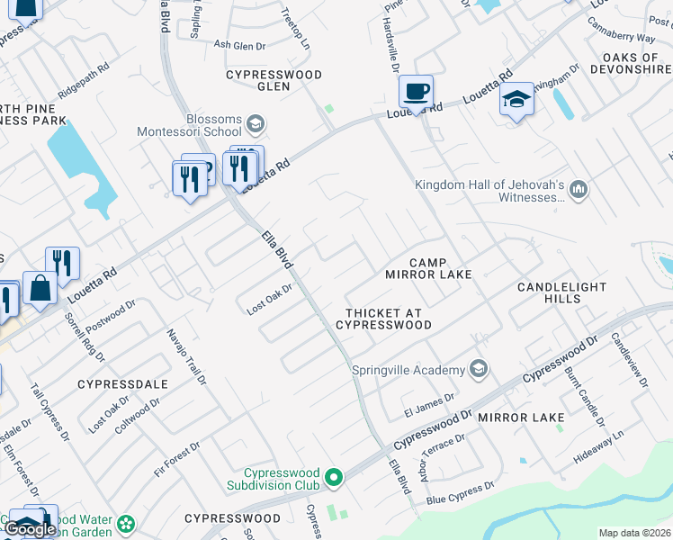 map of restaurants, bars, coffee shops, grocery stores, and more near 3431 Aldergrove Drive in Spring