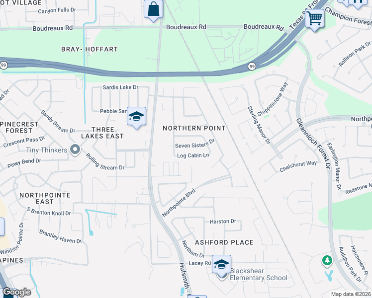 map of restaurants, bars, coffee shops, grocery stores, and more near 11342 Log Cabin Lane in Tomball
