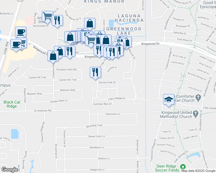 map of restaurants, bars, coffee shops, grocery stores, and more near 1519 Sandy Park Drive in Houston