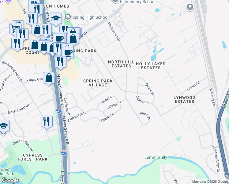map of restaurants, bars, coffee shops, grocery stores, and more near 447 Dover Ln in Spring