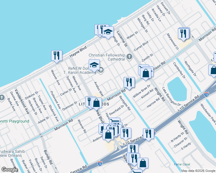 map of restaurants, bars, coffee shops, grocery stores, and more near 7556 Dearborn Road in New Orleans