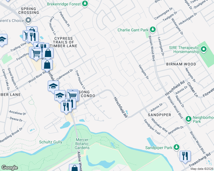 map of restaurants, bars, coffee shops, grocery stores, and more near 22606 Pebworth Place in Spring